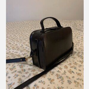 Vintage 60s70s Mod Black Leather Hard Box Handbag Satchel Retro Vanity Crossbody
